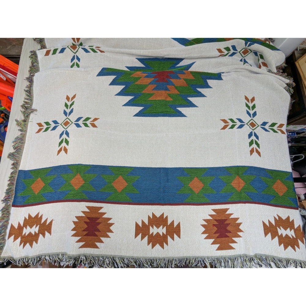 Southwest Woven Throw Blanket Fringed Edges blue green rust orange red